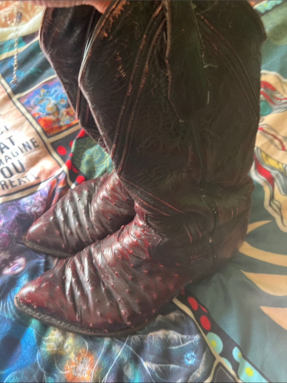 Vintage Tony Lama Burgundy Western Pointed-Toe Boots. Ostrich Leather.